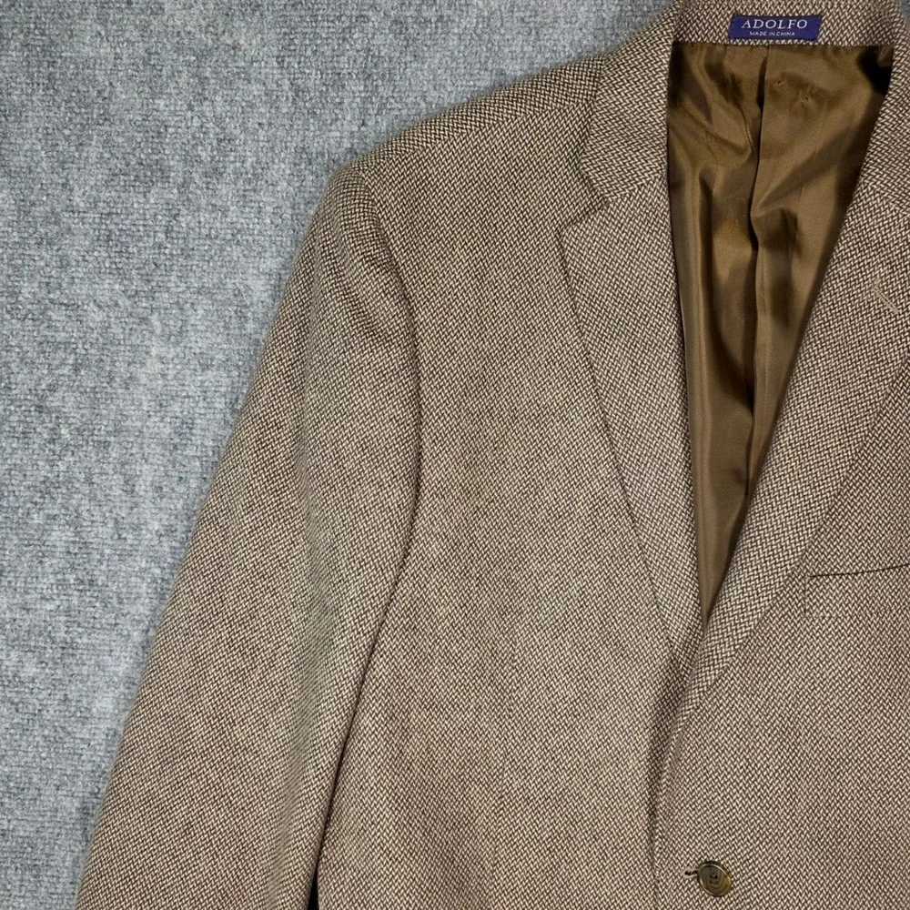 Adolfo Blazer Mens 44L Brown Herringbone Tweed Lambswool Sport Coat‎ Classic Vtg
